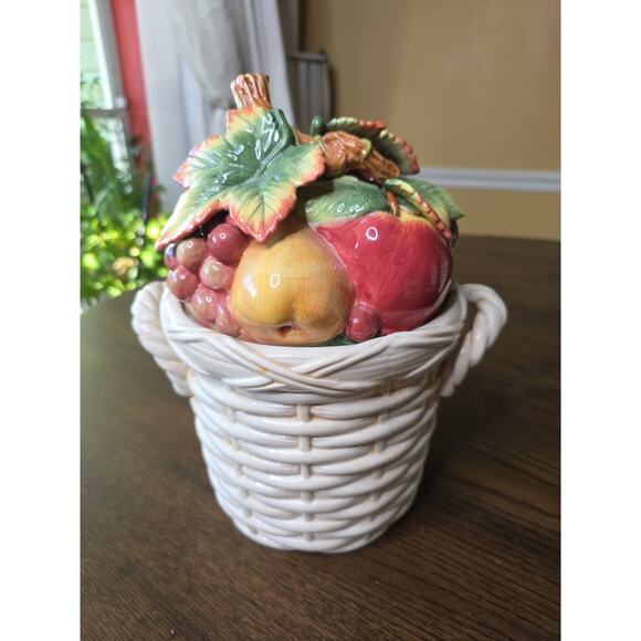 Fitz & Floyd Basket Weave Cookie Jar / Canister - Apple Pear Grape Peach 11 X 9 - Picture 1 of 16